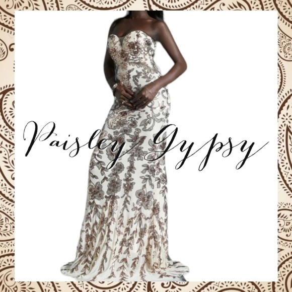 Exquisite Contrast Sequin Floral Beige Creme & Chocolate Sleeveless Fo… - Picture 6 of 15